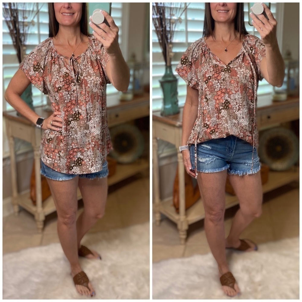 Floral Dressy Flare Sleeve Keyhole Tie Lightweight Top Brown 1821